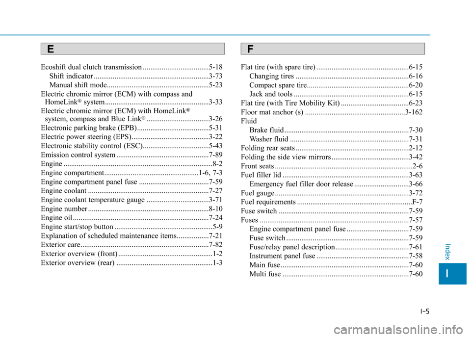 Hyundai Sonata Hybrid 2017  Owners Manual I-5
Ecoshift dual clutch transmission ...................................5-18Shift indicator .............................................................3-73
Manual shift mode........................
