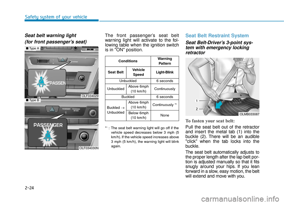 Hyundai Sonata Hybrid 2017 Workshop Manual 2-24
Safety system of your vehicle
Seat belt warning light(for front passenger’s seat)The front passenger’s seat belt
warning light will activate to the fol-
lowing table when the ignition switch
Hyundai Sonata Hybrid 2017 Workshop Manual 2-24
Safety system of your vehicle
Seat belt warning light(for front passenger’s seat)The front passenger’s seat belt
warning light will activate to the fol-
lowing table when the ignition switch