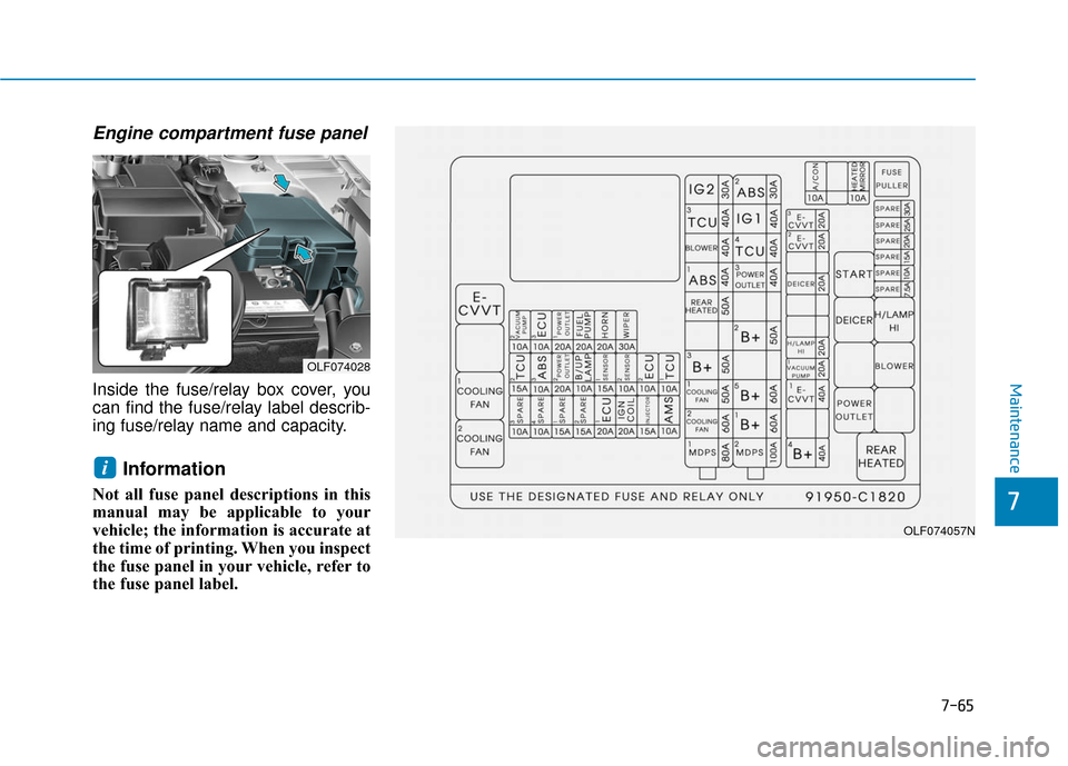 Hyundai Sonata Hybrid 2017 Owners Manual 7-65
7
Maintenance
Engine compartment fuse panel
Inside the fuse/relay box cover, you
can find the fuse/relay label describ-
ing fuse/relay name and capacity.
Information
Not all fuse panel descripti Hyundai Sonata Hybrid 2017 Owners Manual 7-65
7
Maintenance
Engine compartment fuse panel
Inside the fuse/relay box cover, you
can find the fuse/relay label describ-
ing fuse/relay name and capacity.
Information
Not all fuse panel descripti