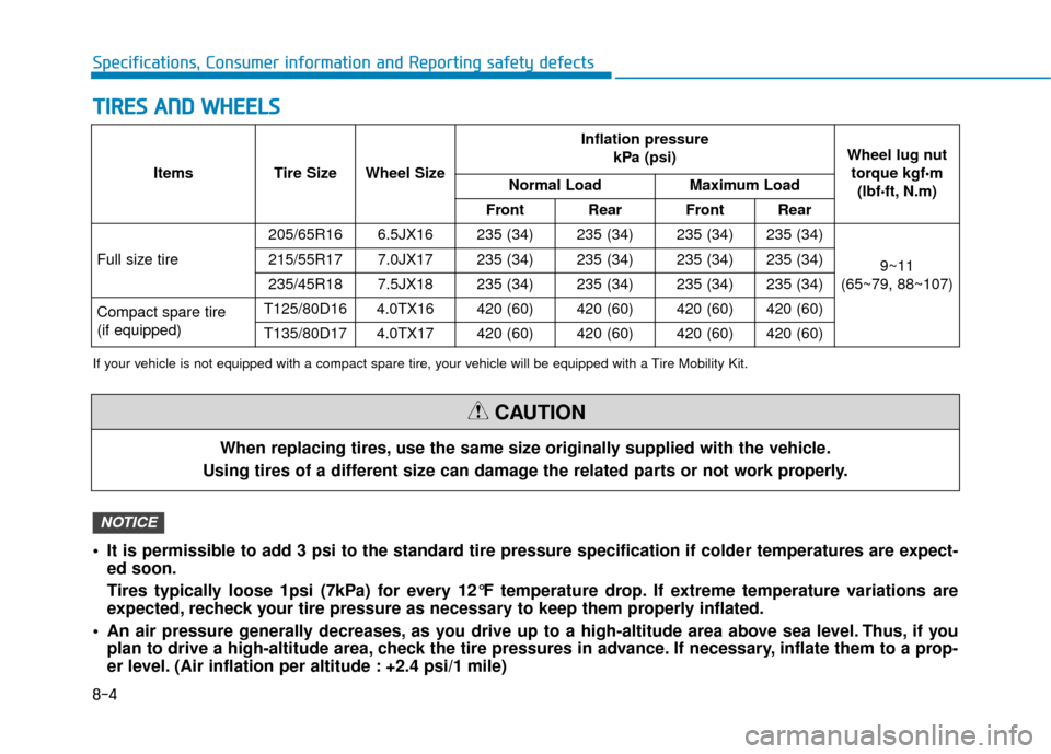 Hyundai Sonata Hybrid 2017 Owners Manual 8-4
Specifications, Consumer information and Reporting safety defects
T
TI
IR
R E
ES
S
A
A N
N D
D
W
W H
HE
EE
EL
LS
S
When replacing tires, use the same size originally supplied with the vehicle. Hyundai Sonata Hybrid 2017 Owners Manual 8-4
Specifications, Consumer information and Reporting safety defects
T
TI
IR
R E
ES
S
A
A N
N D
D
W
W H
HE
EE
EL
LS
S
When replacing tires, use the same size originally supplied with the vehicle.