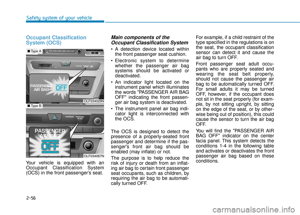 Hyundai Sonata Hybrid 2017 Manual Online 2-56
Safety system of your vehicle
Occupant Classification
System (OCS)
Your vehicle is equipped with an
Occupant Classification System
(OCS) in the front passenger’s seat.
Main components of theOcc Hyundai Sonata Hybrid 2017 Manual Online 2-56
Safety system of your vehicle
Occupant Classification
System (OCS)
Your vehicle is equipped with an
Occupant Classification System
(OCS) in the front passenger’s seat.
Main components of theOcc