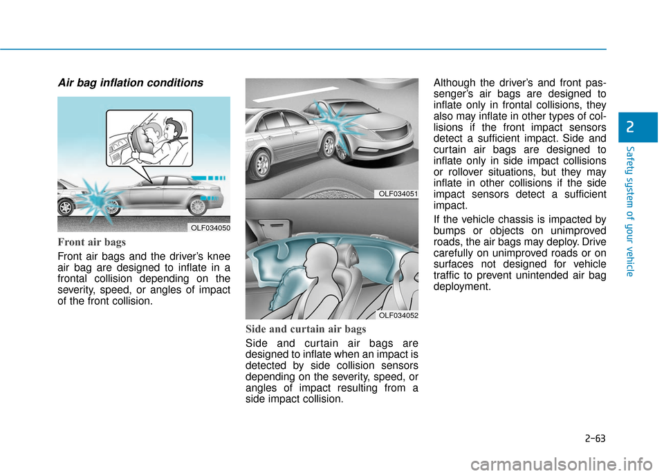Hyundai Sonata Hybrid 2017 Owners Manual 2-63
Safety system of your vehicle
2
Air bag inflation conditions
Front air bags
Front air bags and the driver’s knee
air bag are designed to inflate in a
frontal collision depending on the
severi Hyundai Sonata Hybrid 2017 Owners Manual 2-63
Safety system of your vehicle
2
Air bag inflation conditions
Front air bags
Front air bags and the driver’s knee
air bag are designed to inflate in a
frontal collision depending on the
severi
