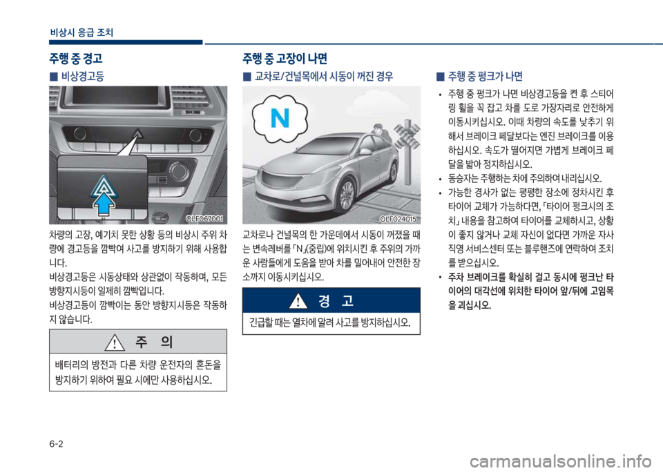 Hyundai Sonata Hybrid 2017  쏘나타 LF HEV/PHEV - 사용 설명서 (in Korean) 부-2
비상시 응급 조치
주행 중 경고 주행 중 고장이 나면
 
0 비상경고등
0량의보 고장,보 예기치보 못한보 상황보 등의보 비상	&보 주위보 0 
량에보