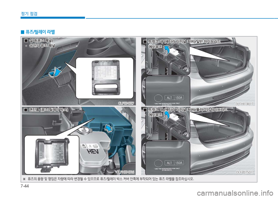 Hyundai Sonata Hybrid 2017  쏘나타 LF HEV/PHEV - 사용 설명서 (in Korean) 7-44
정기 점검
 
0 퓨6
/릴$