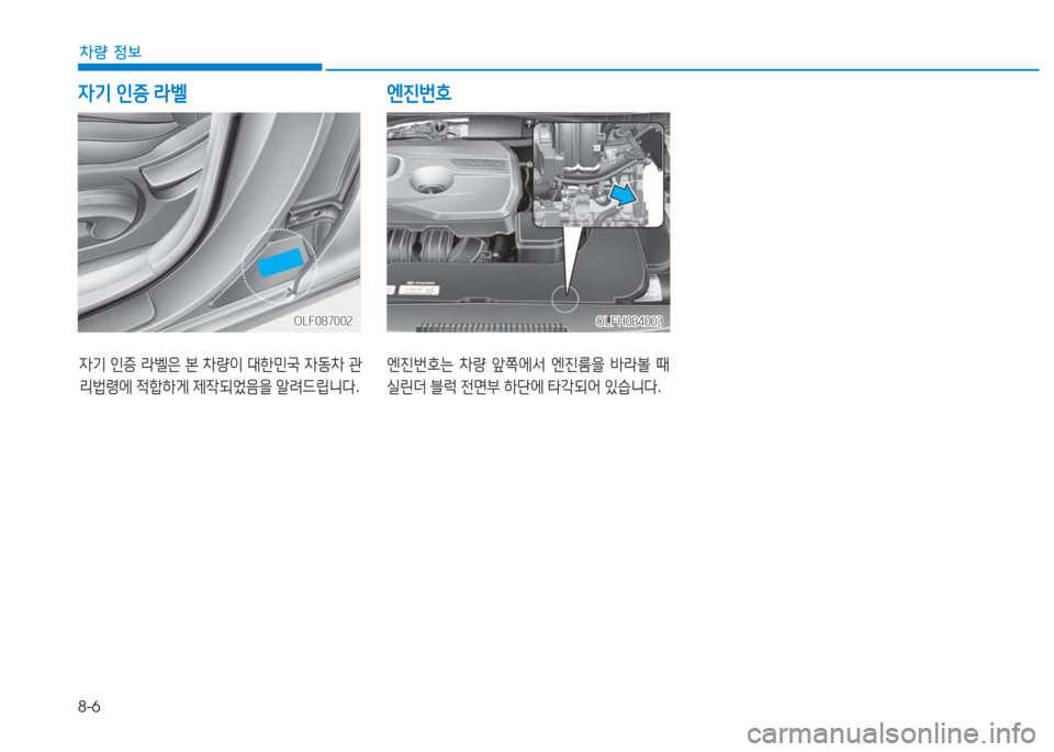 Hyundai Sonata Hybrid 2017  쏘나타 LF HEV/PHEV - 사용 설명서 (in Korean) 8-6
차량 정보
엔진번호는 차량  앞쪽에서  엔진룸을  바라볼  때  
실린더  블럭  전면부  하단에  타각되어  있습니다 .
OLFH084003
OLFH084003
엔진번호
4기  