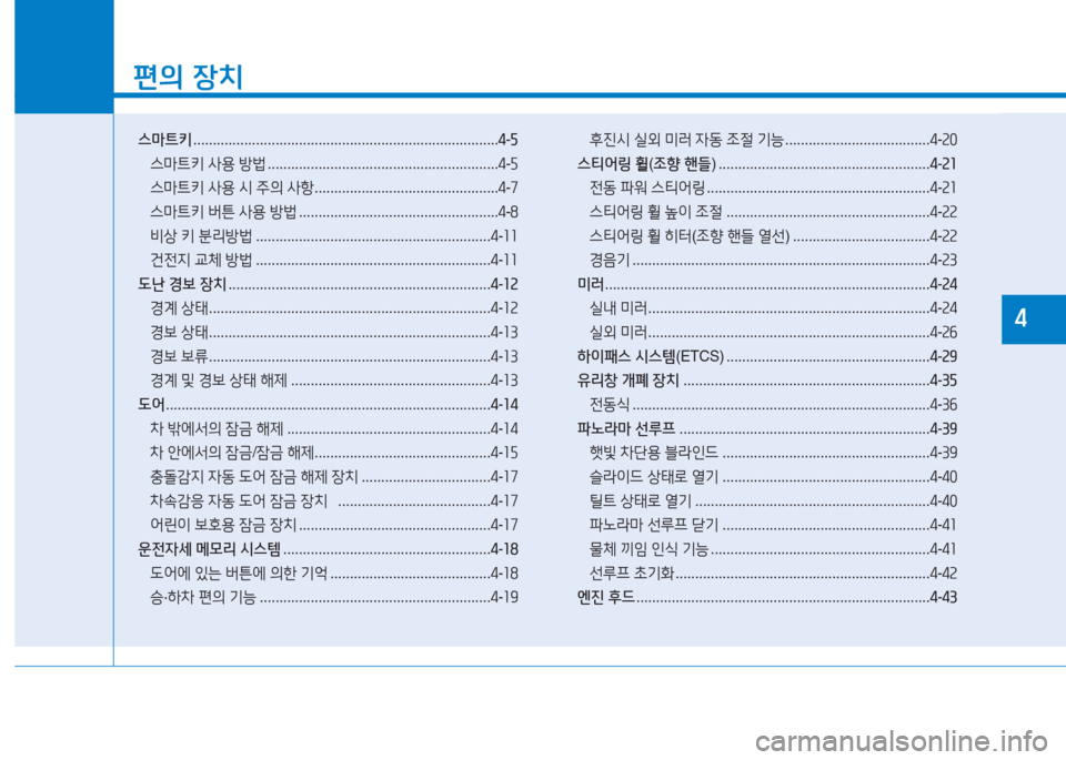 Hyundai Sonata Hybrid 2017  쏘나타 LF HEV/PHEV - 사용 설명서 (in Korean) 소
편의 장치
스마트키  .............................................................................. 4-5
스&P?@키  사용  방)  ..........................................................