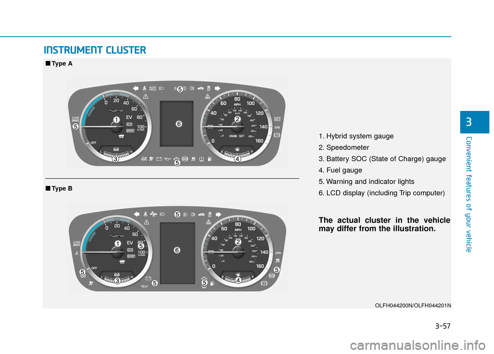 Hyundai Sonata Hybrid 2016  Owners Manual 3-57
Convenient features of your vehicle
3
I
IN
N S
ST
T R
R U
U M
M E
EN
N T
T 
 C
C L
LU
U S
ST
T E
ER
R
1. Hybrid system gauge
2. Speedometer
3. Battery SOC (State of Charge) gauge
4. Fuel gauge
5.