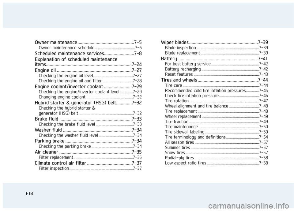 Hyundai Sonata Hybrid 2016  Owners Manual F18
Owner maintenance ...............................................7-5
Owner maintenance schedule ........................................7-6
Scheduled maintenance services.........................7