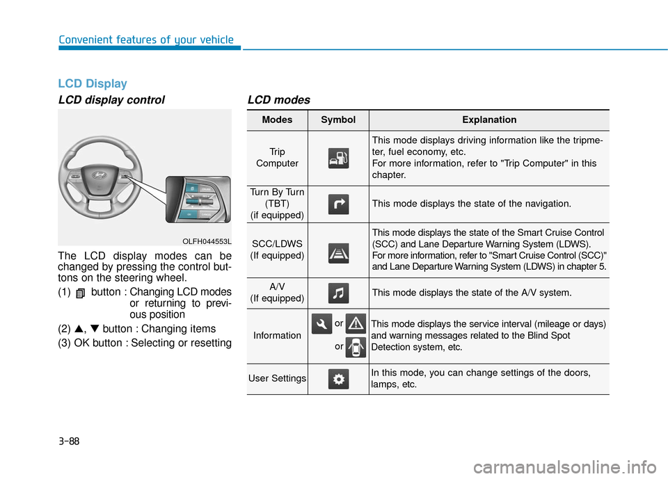 Hyundai Sonata Hybrid 2016 Owners Manual 3-88
Convenient features of your vehicle
LCD Display
LCD display control
The LCD display modes can be
changed by pressing the control but-
tons on the steering wheel.
(1) button :Changing LCD modes
or Hyundai Sonata Hybrid 2016 Owners Manual 3-88
Convenient features of your vehicle
LCD Display
LCD display control
The LCD display modes can be
changed by pressing the control but-
tons on the steering wheel.
(1) button :Changing LCD modes
or