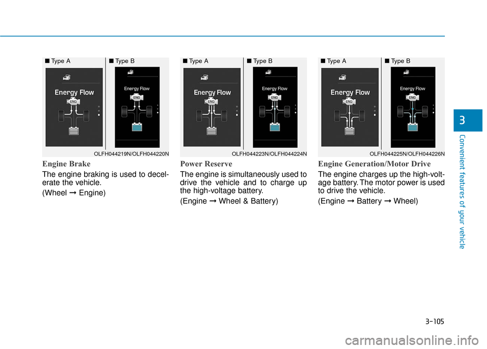 Hyundai Sonata Hybrid 2016 Owners Guide 3-105
Convenient features of your vehicle
3
Engine Brake
The engine braking is used to decel-
erate the vehicle.
(Wheel ➞Engine)
Power Reserve
The engine is simultaneously used to
drive the vehicle 