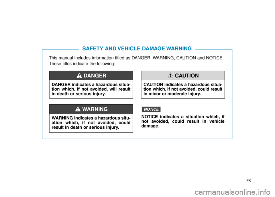 Hyundai Sonata Hybrid 2016  Owners Manual F3
This manual includes information titled as DANGER, WARNING, CAUTION and NOTICE.
These titles indicate the following:
SAFETY AND VEHICLE DAMAGE WARNING
DANGER indicates a hazardous situa-
tion which