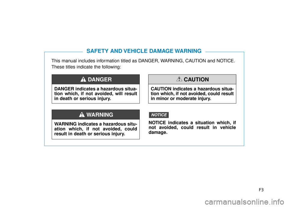 Hyundai Sonata Hybrid 2016 Owners Manual F3
This manual includes information titled as DANGER, WARNING, CAUTION and NOTICE.
These titles indicate the following:
SAFETY AND VEHICLE DAMAGE WARNING
DANGER indicates a hazardous situa-
tion which Hyundai Sonata Hybrid 2016 Owners Manual F3
This manual includes information titled as DANGER, WARNING, CAUTION and NOTICE.
These titles indicate the following:
SAFETY AND VEHICLE DAMAGE WARNING
DANGER indicates a hazardous situa-
tion which