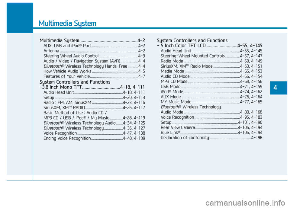 Hyundai Sonata Hybrid 2016 Owners Manual Multimedia System
Multimedia System.................................................4-2
AUX, USB and iPod®Port ...............................................4-2
Antenna ............................. Hyundai Sonata Hybrid 2016 Owners Manual Multimedia System
Multimedia System.................................................4-2
AUX, USB and iPod®Port ...............................................4-2
Antenna .............................