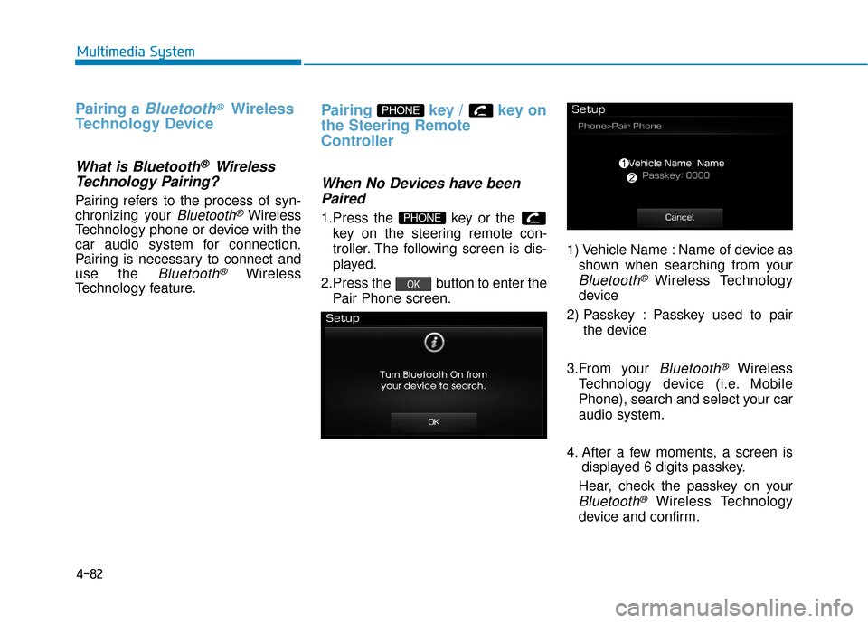 Hyundai Sonata Hybrid 2016  Owners Manual 4-82
Multimedia System
Pairing a Bluetooth®Wireless
Technology Device
What is Bluetooth® Wireless
Technology Pairing?   
Pairing refers to the process of syn-
chronizing your 
Bluetooth®Wireless
Te