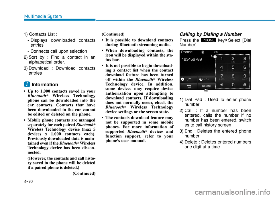 Hyundai Sonata Hybrid 2016  Owners Manual 4-90
Multimedia System
1) Contacts List :- Displays downloaded contactsentries
- Connects call upon selection
2) Sort by : Find a contact in an alphabetical order.
3) Download : Download contacts entr