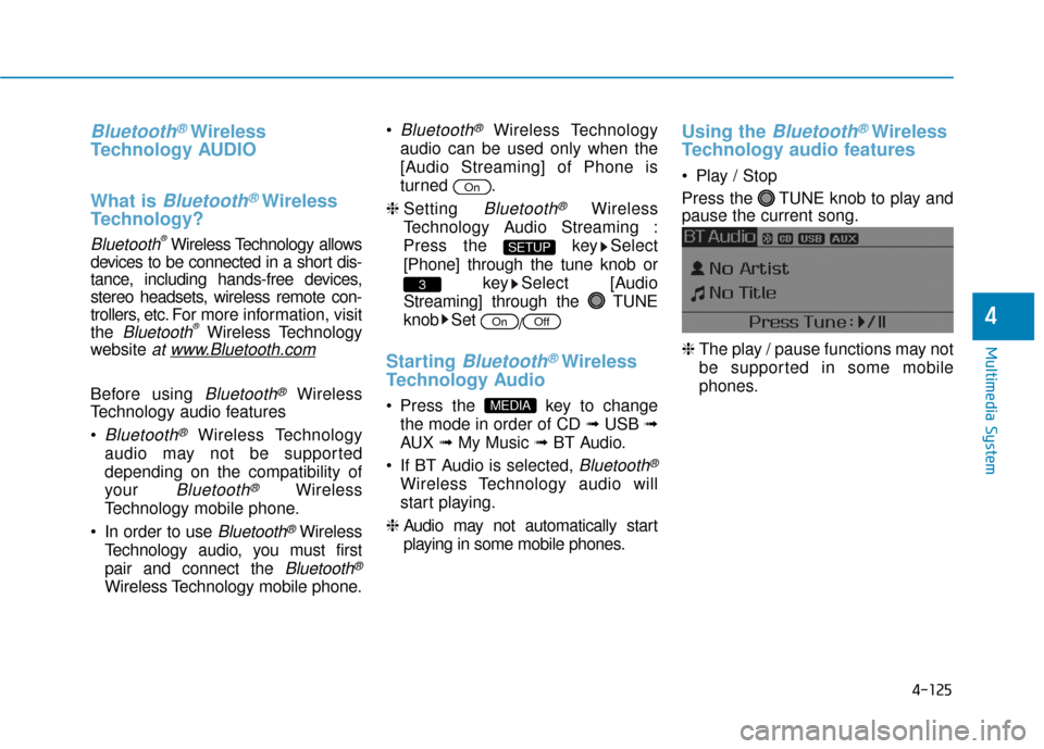 Hyundai Sonata Hybrid 2016  Owners Manual 4-125
Multimedia System
4
Bluetooth®Wireless
Technology AUDIO
What is 
Bluetooth®Wireless
Technology?
Bluetooth®Wireless Technology allows
devices to be connected in a short dis-
tance, including h