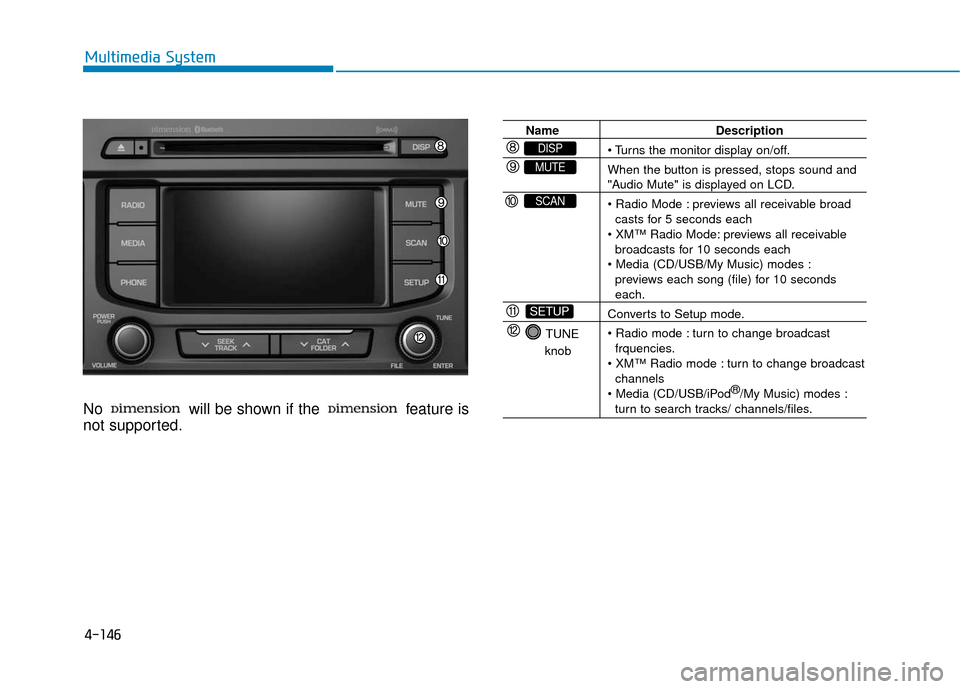 Hyundai Sonata Hybrid 2016 Owners Manual 4-146
Multimedia System
No will be shown if the feature is
not supported.
Name Description
When the button is pressed, stops sound and
"Audio Mute" is displayed on LCD.
previews all receivable bro Hyundai Sonata Hybrid 2016 Owners Manual 4-146
Multimedia System
No will be shown if the feature is
not supported.
Name Description
When the button is pressed, stops sound and
"Audio Mute" is displayed on LCD.
previews all receivable bro