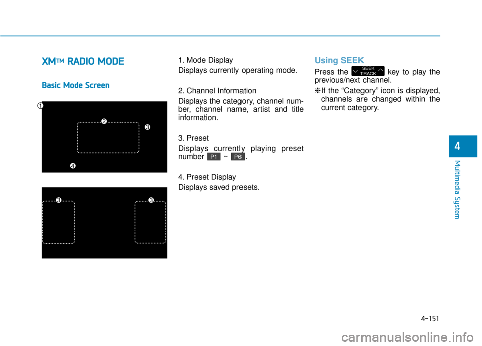 Hyundai Sonata Hybrid 2016 Owners Manual 4-151
Multimedia System
4
X
XM
MT
TM
MR
R A
A D
DI
IO
O
M
M O
OD
DE
E
B
Ba
as
si
ic
c
M
M o
od
de
e
S
S c
cr
re
e e
en
n 1. Mode Display
Displays currently operating mode.
2. Channel Informati Hyundai Sonata Hybrid 2016 Owners Manual 4-151
Multimedia System
4
X
XM
MT
TM
MR
R A
A D
DI
IO
O
M
M O
OD
DE
E
B
Ba
as
si
ic
c
M
M o
od
de
e
S
S c
cr
re
e e
en
n 1. Mode Display
Displays currently operating mode.
2. Channel Informati
