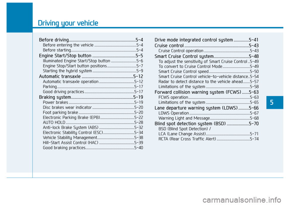 Hyundai Sonata Hybrid 2016  Owners Manual Driving your vehicle
Before driving.........................................................5-4
Before entering the vehicle ...........................................5-4
Before starting..............