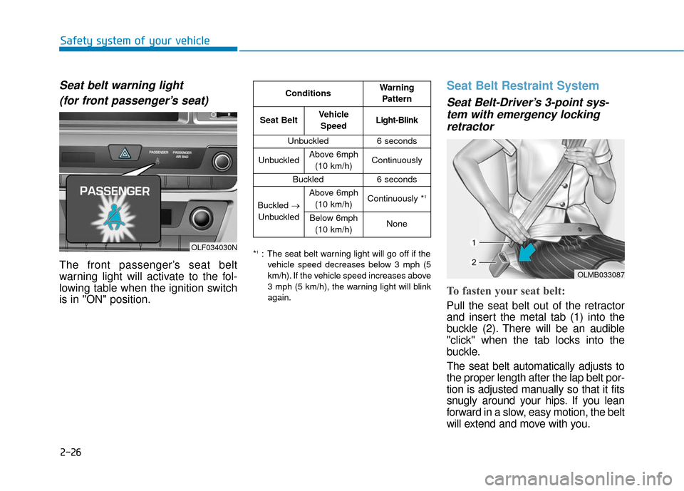Hyundai Sonata Hybrid 2016 Workshop Manual 2-26
Safety system of your vehicle
Seat belt warning light(for front passenger’s seat)
The front passenger’s seat belt
warning light will activate to the fol-
lowing table when the ignition switch Hyundai Sonata Hybrid 2016 Workshop Manual 2-26
Safety system of your vehicle
Seat belt warning light(for front passenger’s seat)
The front passenger’s seat belt
warning light will activate to the fol-
lowing table when the ignition switch