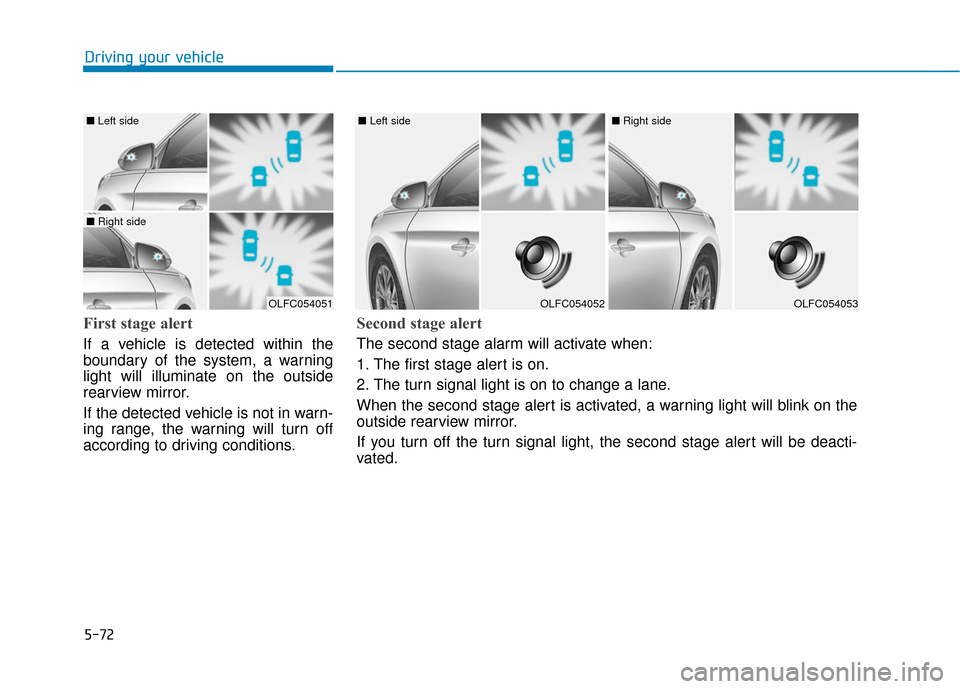 Hyundai Sonata Hybrid 2016 Owners Manual 5-72
Driving your vehicle
First stage alert
If a vehicle is detected within the
boundary of the system, a warning
light will illuminate on the outside
rearview mirror.
If the detected vehicle is not i Hyundai Sonata Hybrid 2016 Owners Manual 5-72
Driving your vehicle
First stage alert
If a vehicle is detected within the
boundary of the system, a warning
light will illuminate on the outside
rearview mirror.
If the detected vehicle is not i