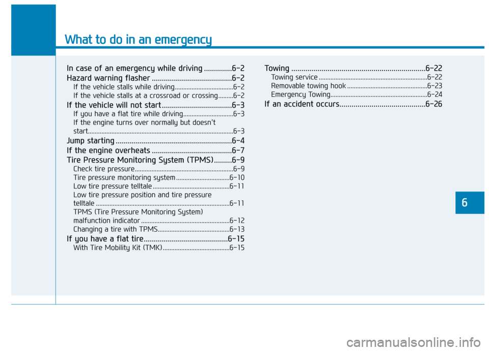 Hyundai Sonata Hybrid 2016  Owners Manual What to do in an emergency
6
In case of an emergency while driving ..............6-2
Hazard warning flasher ........................................6-2
If the vehicle stalls while driving.............