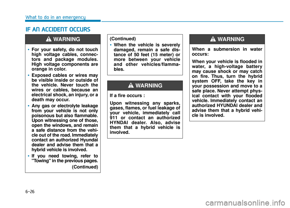Hyundai Sonata Hybrid 2016 Service Manual 6-26
I
IF
F  
 A
A N
N  
 A
A C
CC
CI
ID
D E
EN
N T
T 
 O
O C
CC
CU
U R
RS
S
What to do in an emergency
For your safety, do not touch
high voltage cables, connec-
tors and package modules.
High voltag