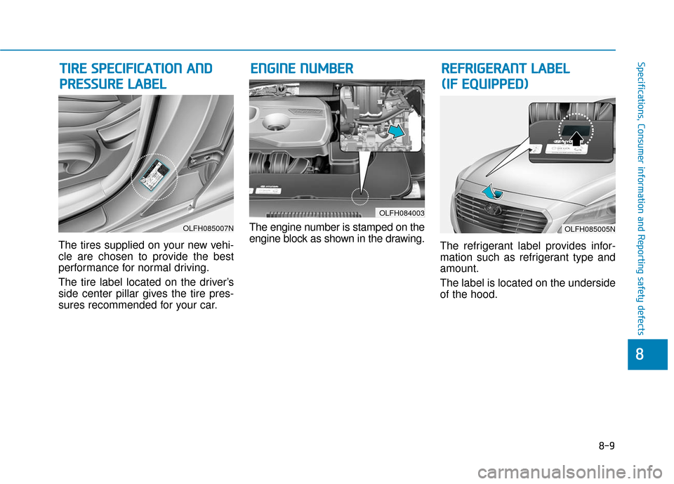 Hyundai Sonata Hybrid 2016  Owners Manual 8-9
88
Specifications, Consumer information and Reporting safety defects
The tires supplied on your new vehi-
cle are chosen to provide the best
performance for normal driving.
The tire label located 