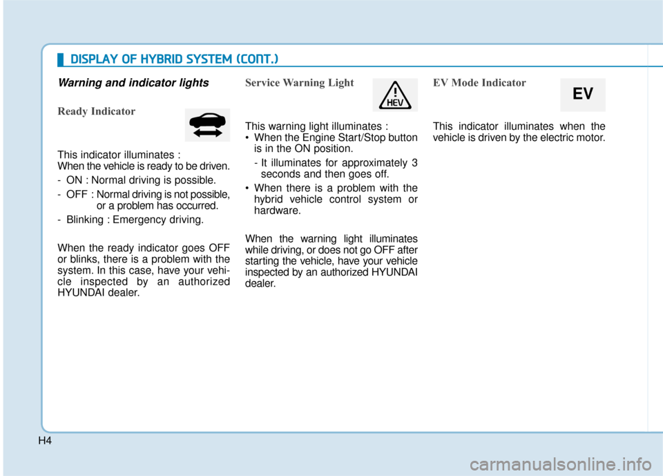 Hyundai Sonata Hybrid 2016  Owners Manual H4
Warning and indicator lights
Ready Indicator
This indicator illuminates :
When the vehicle is ready to be driven.
- ON : Normal driving is possible.
- OFF : Normal driving is not possible,
or a pro