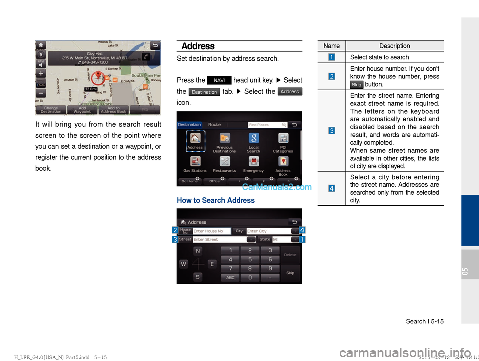 Hyundai Sonata Hybrid 2016  Multimedia Manual Search I 5-15
05
It will bring you from the search result 
screen to the screen of the point where 
you can set a destination or a waypoint, or 
register the current position to the address 
book.
Add