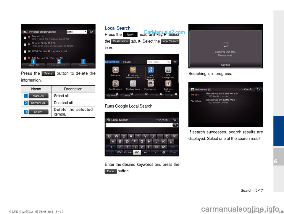 Hyundai Sonata Hybrid 2016  Multimedia Manual Search I 5-17
05
Press the Delete button to delete the 
information.
Local Search
Press the NAVI head unit key. ▶
 Select 
the 
Destination tab.  ▶
 Select the Local Search 
icon.
Runs Google Loca