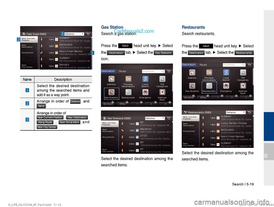 Hyundai Sonata Hybrid 2016  Multimedia Manual Search I 5-19
05
NameDescription
 Select the desired destination 
among the searched items and 
add it as a way point.
 
Arrange in order of Distance  and 
 Name.
 Arrange in order of Near Current Pos