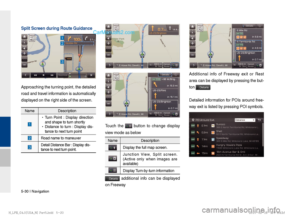 Hyundai Sonata Hybrid 2016  Multimedia Manual 5-30 I Navigation
Split Screen during Route Guidance
Approaching the turning point, the detailed 
road and travel information is automatically 
displayed on the right side of the screen.
Touch the  bu