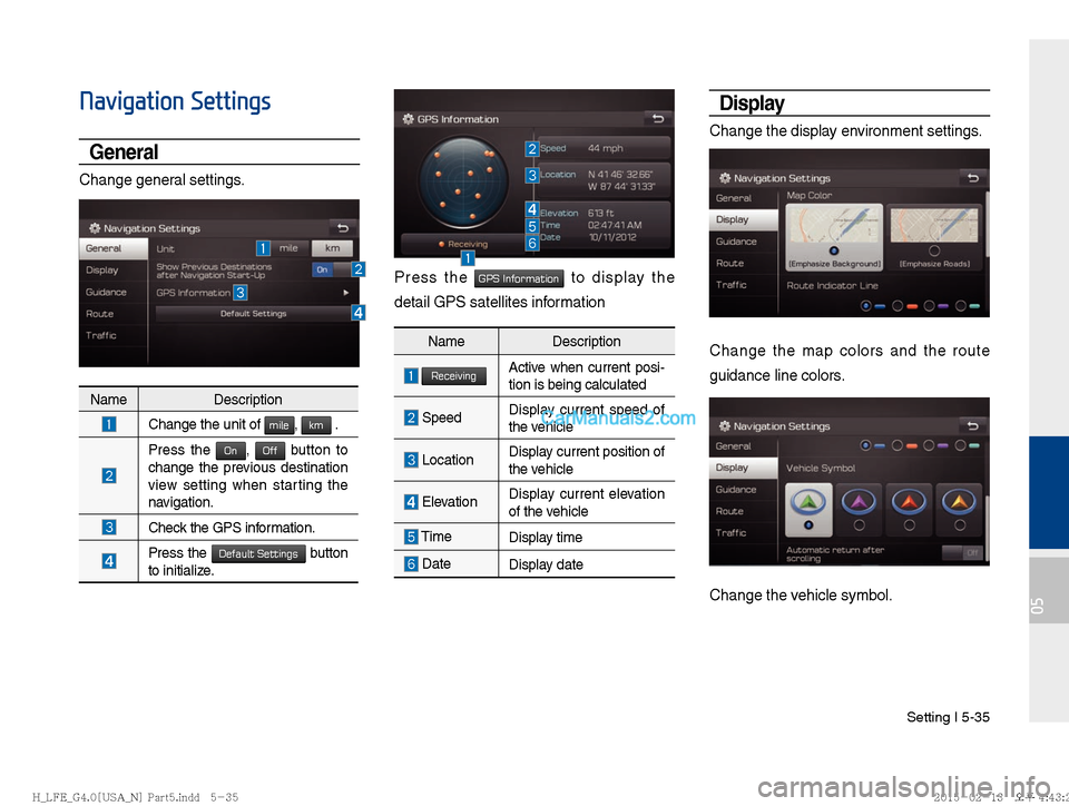 Hyundai Sonata Hybrid 2016  Multimedia Manual Setting I 5-35
05
Navigation Settings
General
Change general settings.
Press the GPS Information to display the 
detail GPS satellites information 
Display
Change the display environment settings.
Cha