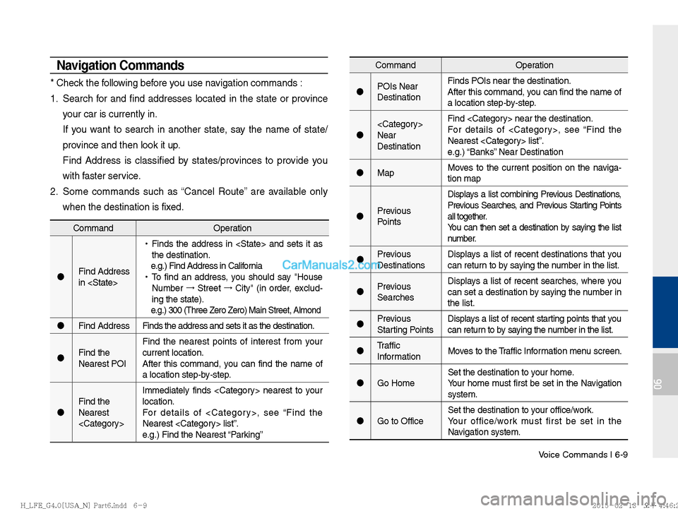 Hyundai Sonata Hybrid 2016  Multimedia Manual Voice Commands I 6-9
06
Navigation Commands
* Check the following before you use navigation commands :
1.  Search for and find addresses located in the state or province your car is currently in.
    