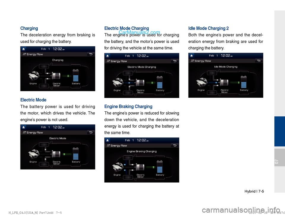 Hyundai Sonata Hybrid 2016  Multimedia Manual Hybrid I 7-5
07
Charging
The deceleration energy from braking is 
used for charging the battery.
Electric Mode
The battery power is used for driving 
the motor, which drives the vehicle. The 
engine