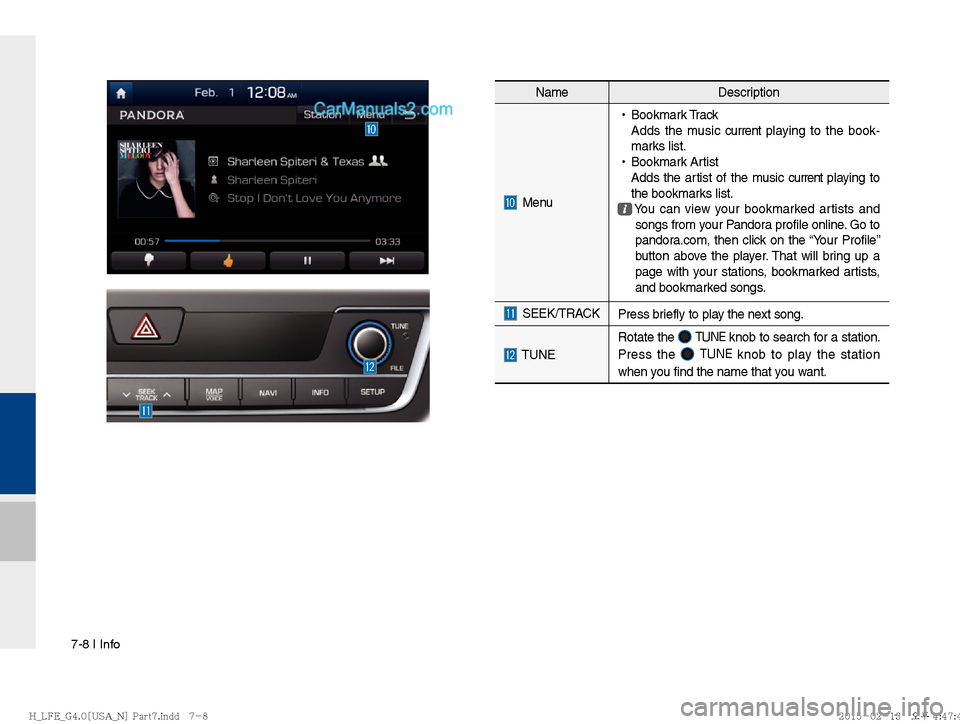 Hyundai Sonata Hybrid 2016  Multimedia Manual 7-8 I Info
 
NameDescription
 Menu 
!Ÿ
Bookmark Track
Adds the music current pla ying to the book-
marks list.
 
!Ÿ
Bookmark Artist
Adds the artist of the music current pla ying to 
the bookmarks li