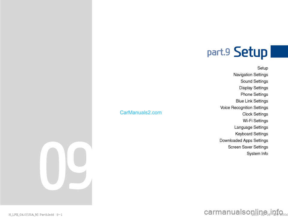 Hyundai Sonata Hybrid 2016  Multimedia Manual Setup
Navigation Settings  Sound Settings 
Display Settings  Phone Settings 
Blue Link Settings 
Voice Recognition Settings  Clock Settings Wi-Fi  Settings
Language Settings Keyboard Settings 
Do

wnl