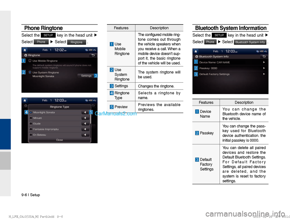 Hyundai Sonata Hybrid 2016  Multimedia Manual 9-6 I Setup
Phone Ringtone
Select the SETUP key in the head unit  Ü 
Select 
Phone   Ü 
Select Ringtone .
Bluetooth System Information
Select the SETUP key in the head unit   Ü
Select 
Phone   Ü