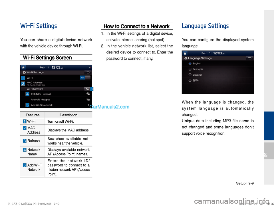 Hyundai Sonata Hybrid 2016  Multimedia Manual Setup I 9-9
09
Wi-Fi Settings
You can share a digital-device network 
with the vehicle device through Wi-Fi.
Wi-Fi Settings Screen
FeaturesDescription
 Wi-Fi
Turn on/off Wi-Fi.
  MAC 
 Address Display