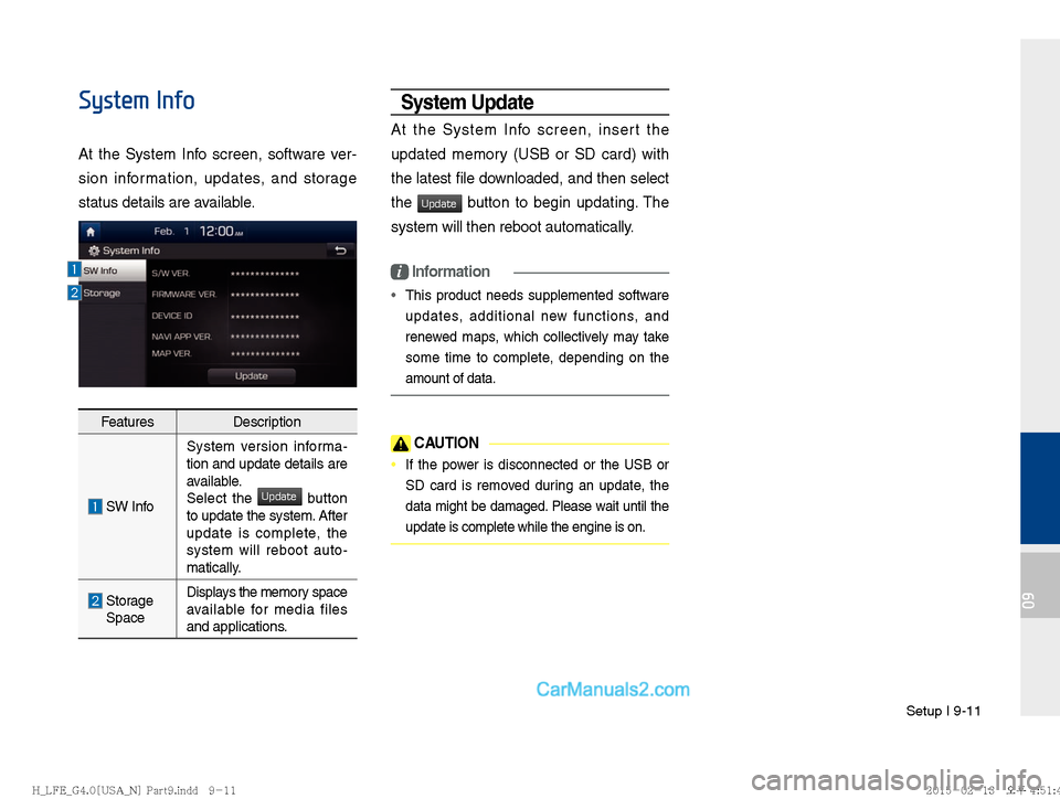 Hyundai Sonata Hybrid 2016  Multimedia Manual Setup I 9-11
09
System Info
At the System Info screen, software ver-
sion information, updates, and storage 
status details are available.
FeaturesDescription
 SW InfoSystem version informa-
tion and 