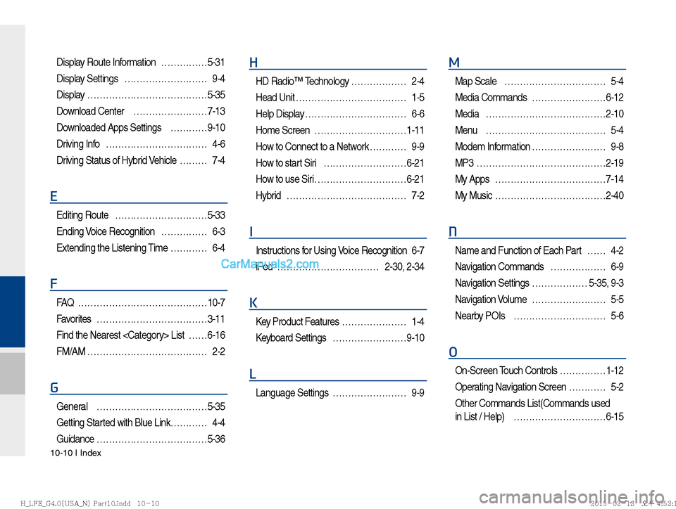 Hyundai Sonata Hybrid 2016  Multimedia Manual 10-10 I Index
Display Route Information  ……………5-31
Display Settings  ……………………… 9-4
Display …………………………………5-35
Download Center   ………………