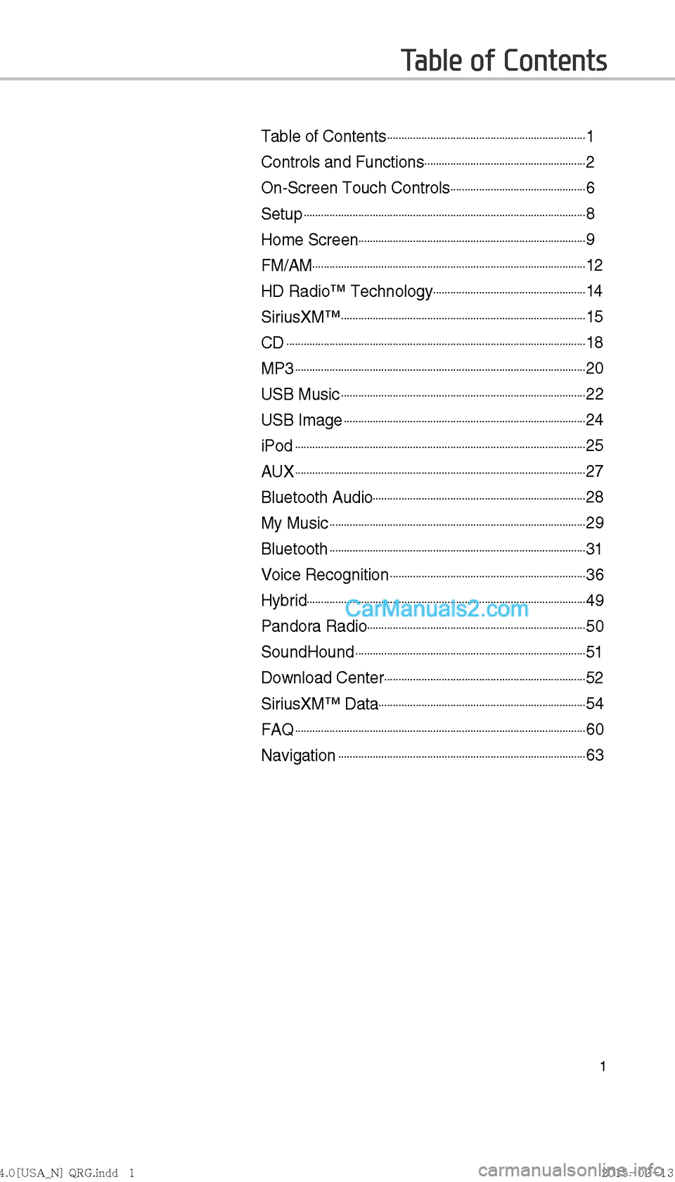 Hyundai Sonata Hybrid 2016  Multimedia Manual 1
Table of Contents
Table of Contents����������������������������������������������������������������������1
Controls and Function