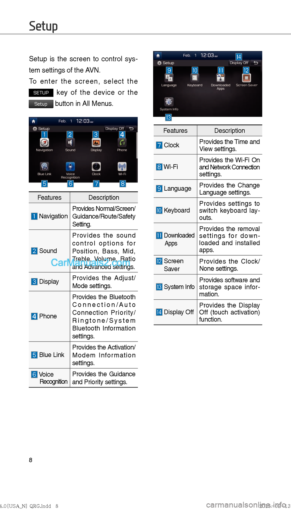 Hyundai Sonata Hybrid 2016  Multimedia Manual 8
Setup
Setup is the screen to control sys-
tem settings of the AVN. 
To enter the screen, select the 
SETUP key of the device or the 
Setup button in All Menus.
Features Description
 NavigationProvid