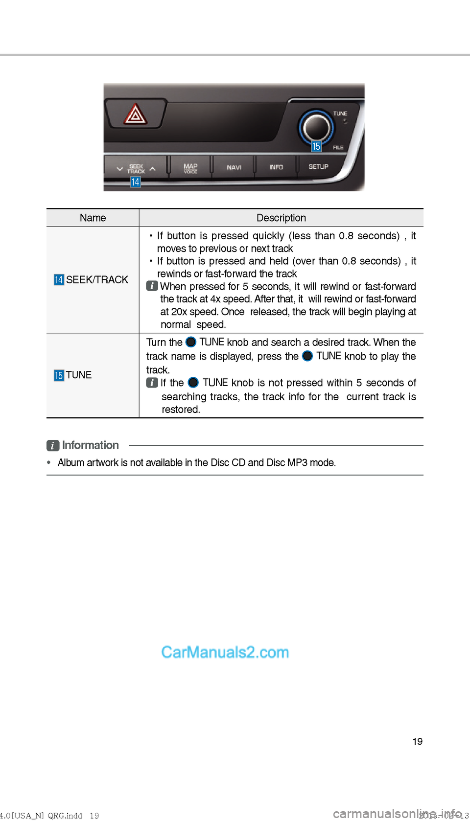 Hyundai Sonata Hybrid 2016  Multimedia Manual 19
NameDescription
 SEEK/TRACK 
!Ÿ
If b
utton is pressed quickly (less than 0.8 seconds) , it 
moves to previous or next track
 
!Ÿ
If b
utton is pressed and held (over than 0.8 seconds) , it  
re
w