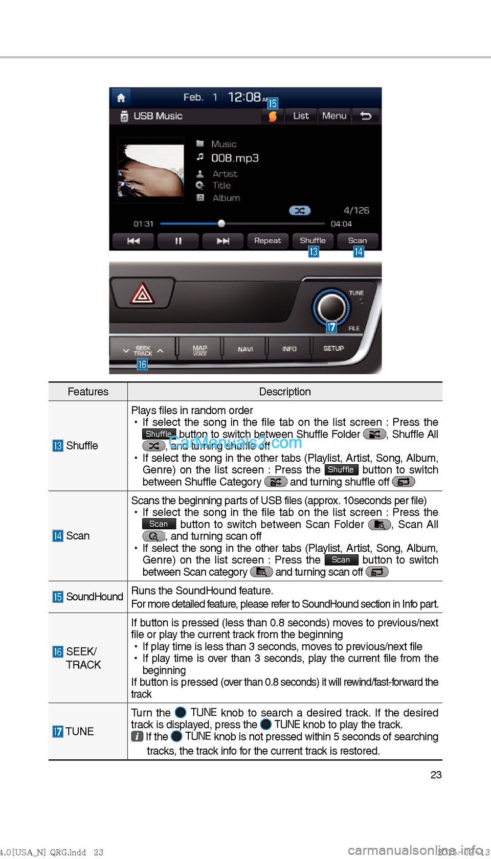 Hyundai Sonata Hybrid 2016  Multimedia Manual 23
FeaturesDescription
 ShufflePlays files in random order
 
!Ÿ
If select the song in the file tab on the list screen : Press the Shuffle button to switch between Shuffle Folder , Shuffle All , and t