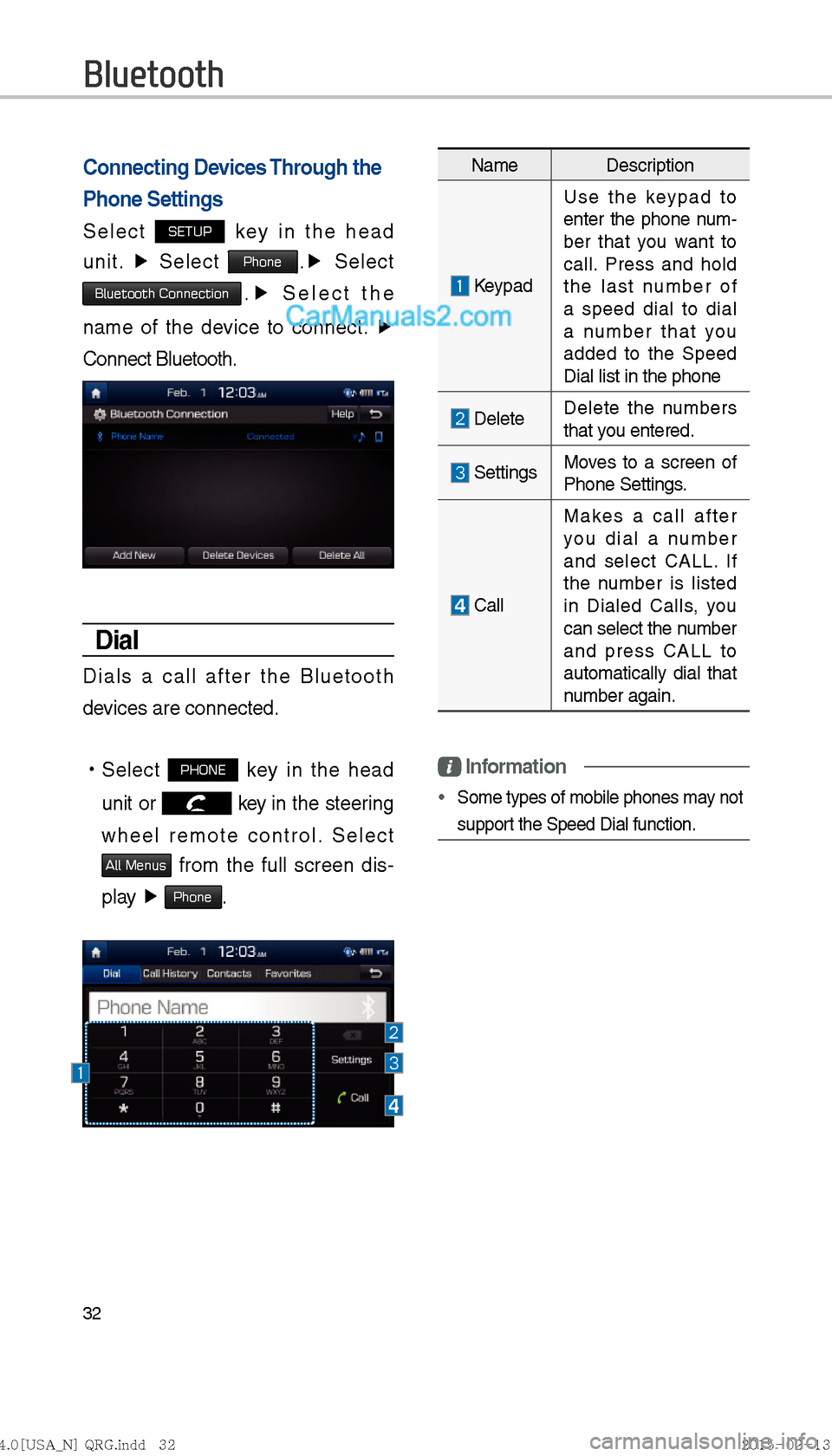 Hyundai Sonata Hybrid 2016  Multimedia Manual 32
Connecting Devices Through the 
Phone Settings
Select SETUP key in the head 
unit.  ▶
 Select 
Phone.▶ 
Select 
Bluetooth Connection.▶
 Select the 
name of the device to connect.  ▶
 
Conne
