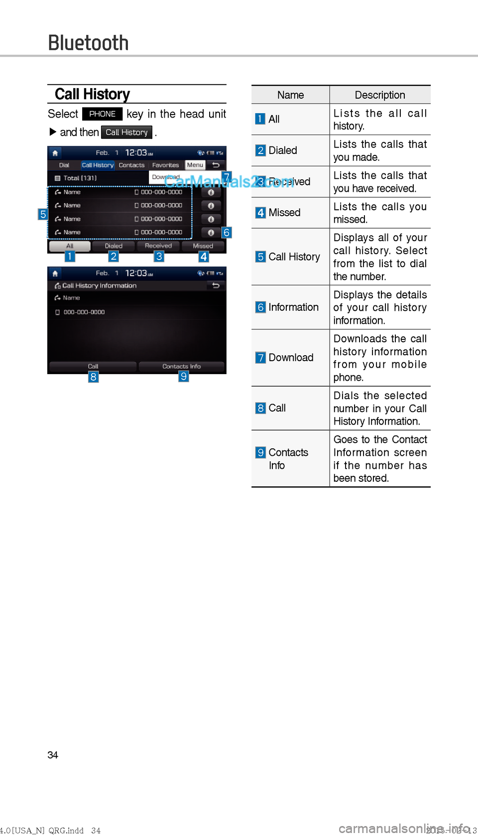 Hyundai Sonata Hybrid 2016  Multimedia Manual 34
Call History
Select PHONE key in the head unit 
▶  and then 
Call History .
Bluetooth
Name Description
  All Lists the all call 
history.
 DialedLists the calls that 
you made.
  Received Lists t