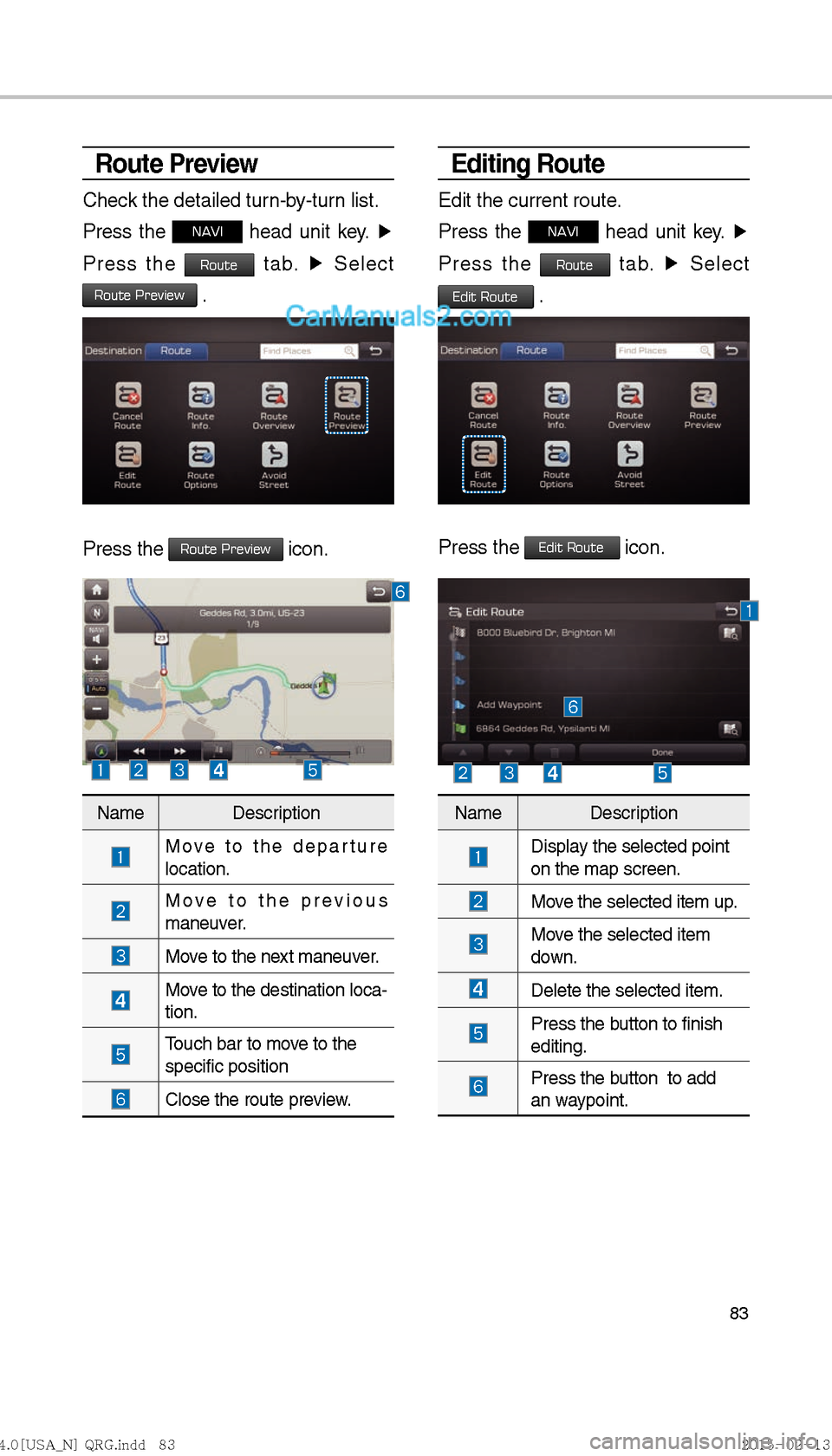 Hyundai Sonata Hybrid 2016  Multimedia Manual 83
Editing Route
Edit the current route.
Press the 
NAVI head unit key. ▶
 
Press the 
Route tab.  ▶
 Select   
Edit Route .
Press the Edit Route icon.
Route Preview
Check the detailed turn-by-tur
