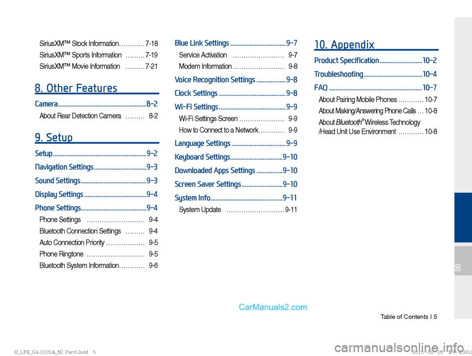 Hyundai Sonata Hybrid 2016  Multimedia Manual  Table of Contents I 5
00
SiriusXM™ Stock Information ………… 7-18
SiriusXM™ Sports Information  ……… 7-19
SiriusXM™ Movie Information  ……… 7-21
8. Other Features
Camera ........